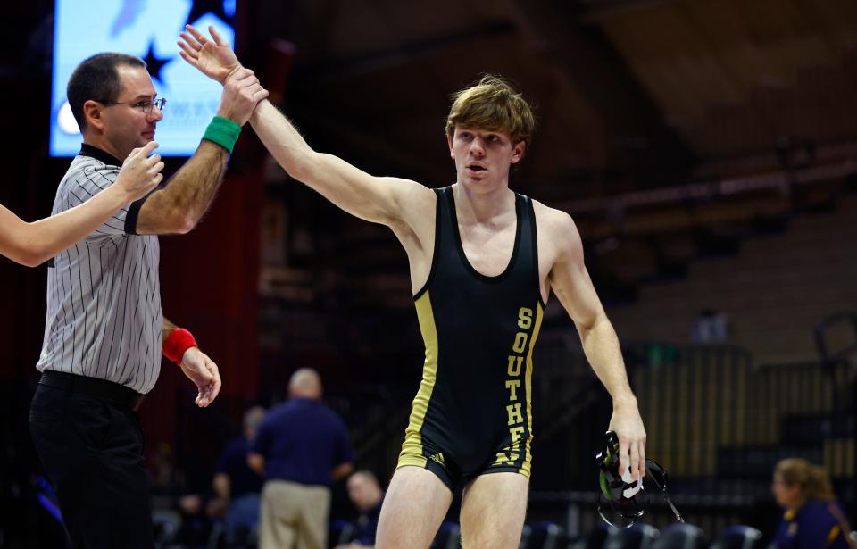 Southern's Conor Collins, shown getting his hand raised after he pinned against Phillipsburg in the NJSIAA Group 5 championship match on Feb. 12 at Rutgers University's Jersey Mike's Arena, was one of 11 champions for Southern in the District 25 Tournament.