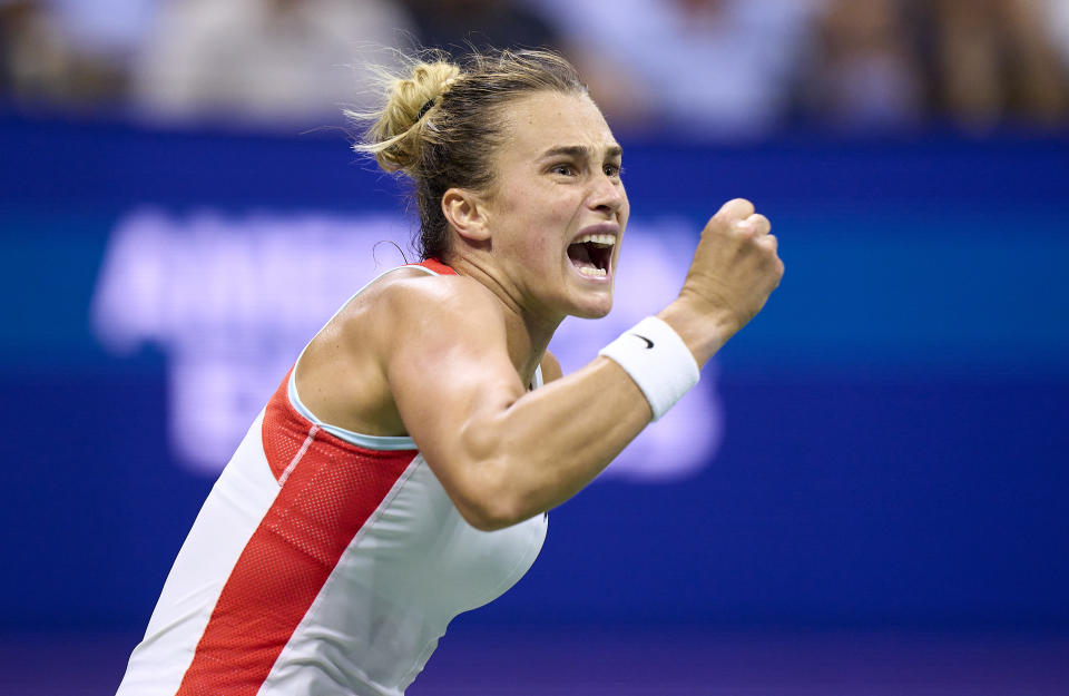 Aryna Sabalenka, pictured here celebrating her win over Danielle Collins at the US Open.