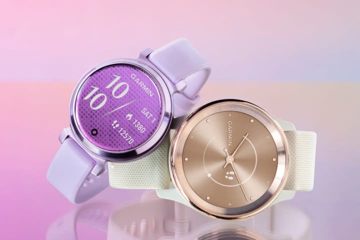 The Garmin Lily 2 smartwatch, in purple and gold colors.