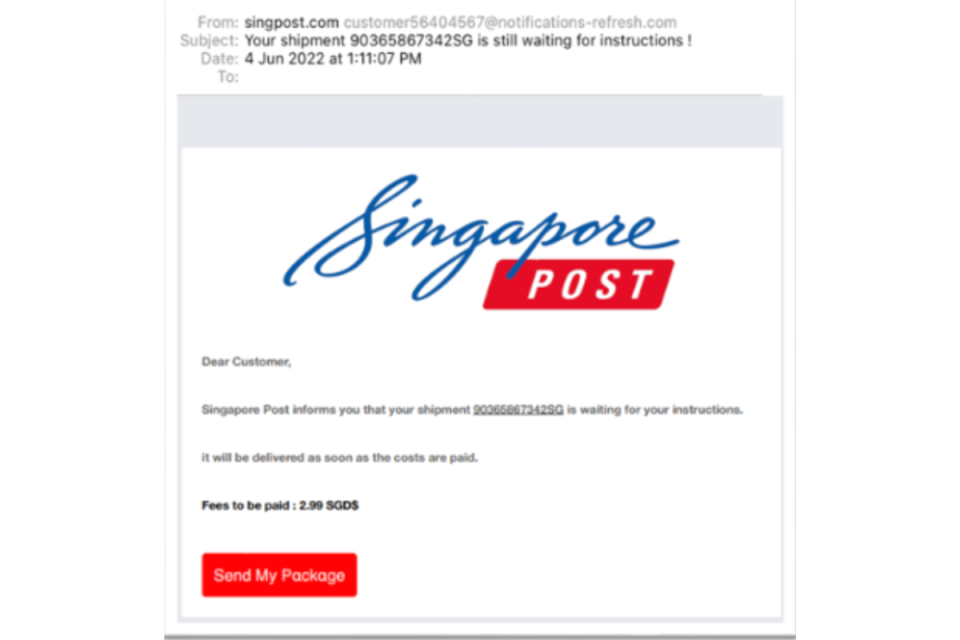 <p>Screenshot of a phishing email directing victims to a phishing website. (PHOTO: Singapore Police Force)</p> 
