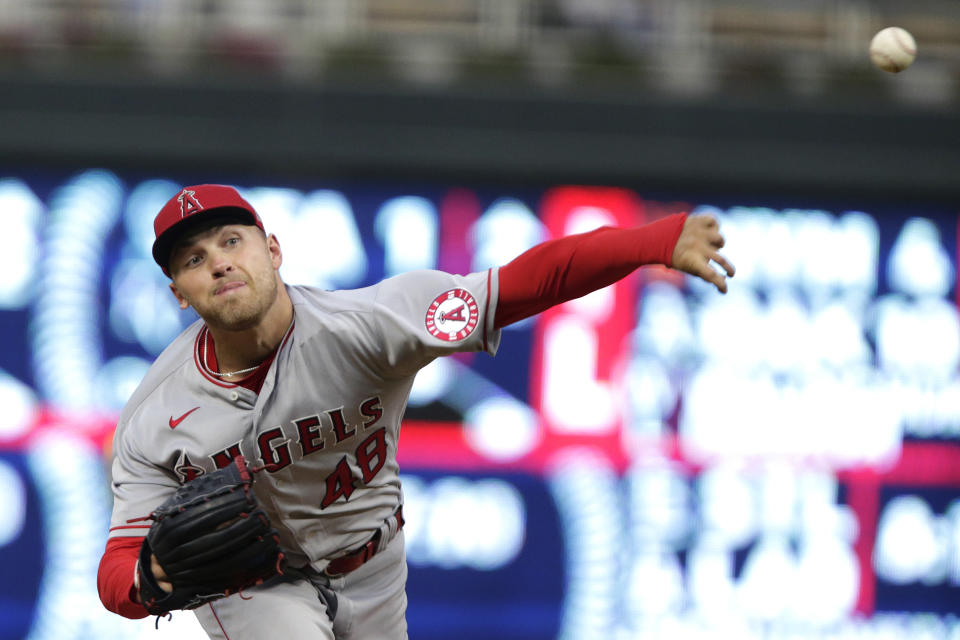 Los Angeles Angels starting pitcher Reid Detmers throws to a Minnesota Twins during the second inning of a baseball game Saturday, Sept. 24, 2022, in Minneapolis. (AP Photo/Andy Clayton-King)