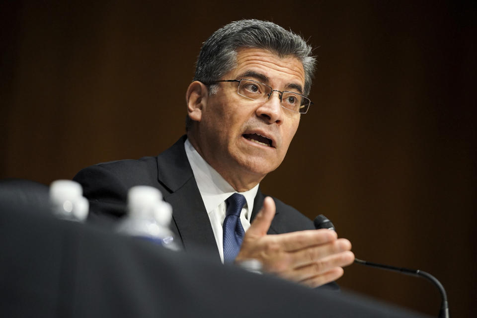 Xavier Becerra testifies during a Senate Finance Committee hearing on his nomination to be secretary of Health and Human Services on Capitol Hill in Washington, Wednesday, Feb. 24, 2021. (Greg Nash/Pool via AP)