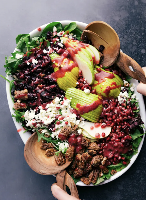 <p>Chelsea's Messy Apron</p><p>This seasonal pear pomegranate salad starts with mixed greens tossed with candied pecans, fresh Bartlett pears, pomegranate arils, sweetened dried cranberries and feta cheese. </p><p><strong>Get the recipe: <a href="https://www.chelseasmessyapron.com/candied-pecan-pear-pomegranate-salad/" rel="nofollow noopener" target="_blank" data-ylk="slk:Candied Pecan Pear Pomegranate Salad;elm:context_link;itc:0;sec:content-canvas" class="link ">Candied Pecan Pear Pomegranate Salad</a></strong></p><p><strong>Related: 12 <a href="https://parade.com/844700/felicialim/12-gorgeous-pear-recipes-to-impress-your-guests/" rel="nofollow noopener" target="_blank" data-ylk="slk:Gorgeous Pear Recipes to Impress Your Guests;elm:context_link;itc:0;sec:content-canvas" class="link ">Gorgeous Pear Recipes to Impress Your Guests</a></strong></p>