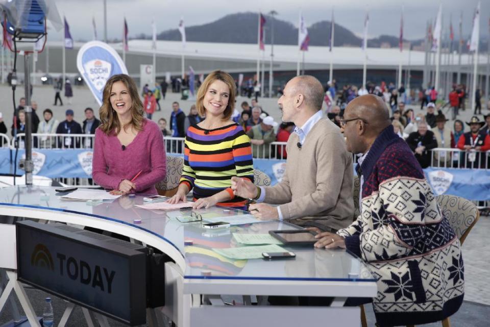 This Feb. 11, 2014 photo released by NBC shows co-hosts, from left, Natalie Morales, Savannah Guthrie, Matt Lauer and Al Roker on the "Today" show on location in Sochi, Russia for the Winter Olympics. (AP Photo/NBC, Joe Scarnici)