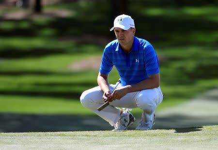 Apr 10, 2016; Augusta, GA, USA; Jordan Spieth waits on the 7th green during the final round of the 2016 The Masters golf tournament at Augusta National Golf Club. Mandatory Credit: Michael Madrid-USA TODAY Sports