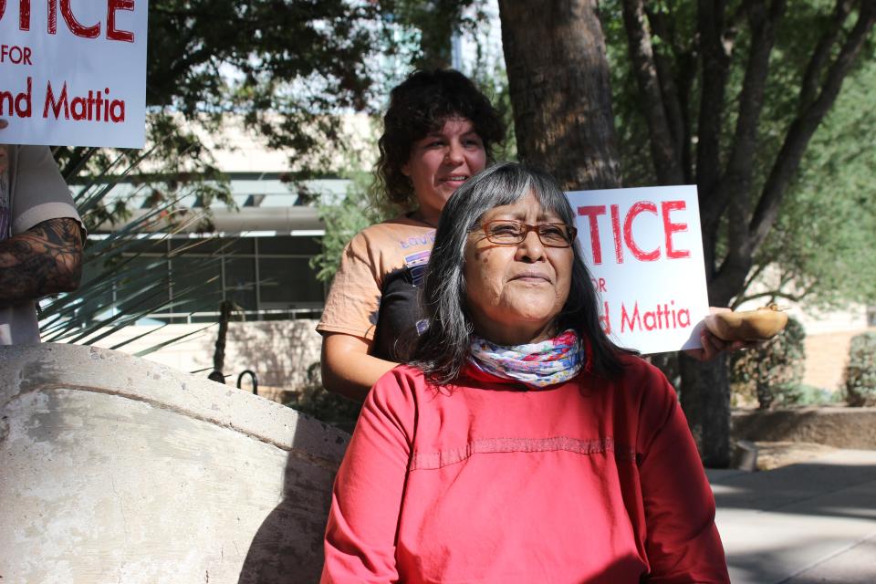 Ophelia Rivas is pictured at a news conference for Raymond Mattia, the Tohono O'odham man who was shot and killed by Border Patrol agents, outside of the Evo A. DeConcini Federal Courthouse in Tucson on Nov. 17, 2023.