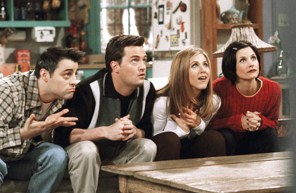 Matt Le Blanc as Joey, Matthew Perry as Chandler, Jennifer Aniston as Rachel, and  Courteney Cox as Monica in 