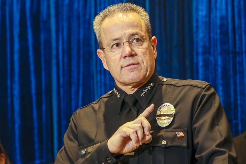 LOS ANGELES, CA - JANUARY 15, 2020 - LAPD Chief Michel Moore, addresses a press conference, flanked by Anne Tremblay, left, Director of Mayor's Gang Reduction and Youth Development, Eileen M. Decker, President Los Angeles Police Commission, Mayor Eric Garcetti and City Councilwoman Monica Rodriguez to discuss 2019 crime statistics of Los Angeles. (Irfan Khan / Los Angeles Times)