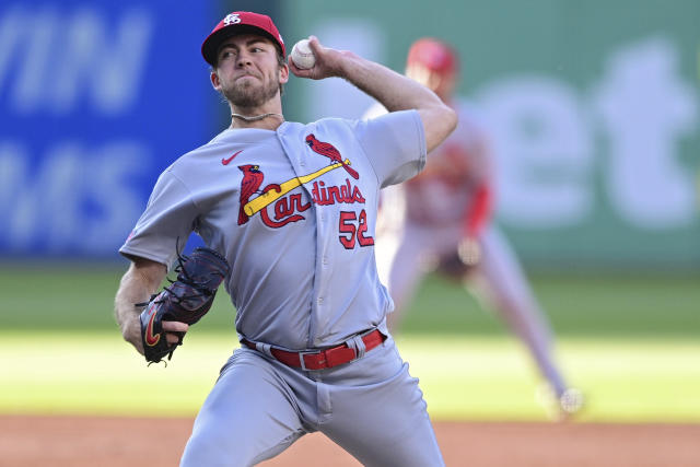 St. Louis Cardinals starting pitcher Matthew Liberatore delivers during the first inning of the team's baseball game against the Cleveland Guardians, Friday, May 26, 2023, in Cleveland. (AP Photo/David Dermer)