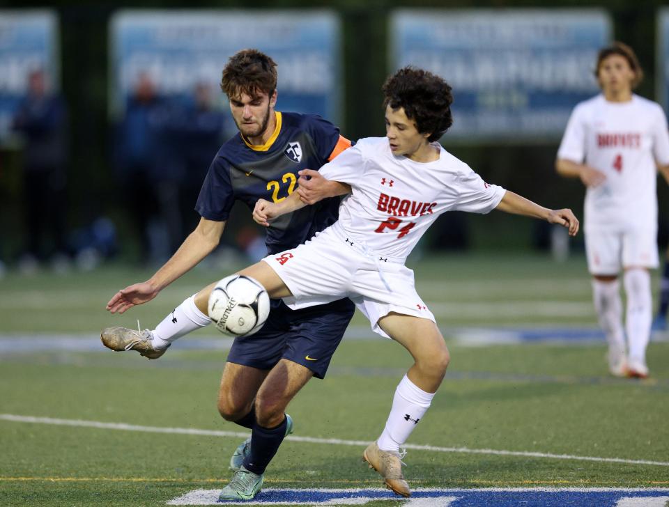 Canandaigua's Liam Furmansky and Thomas's Cole Hasting challenge for the ball.