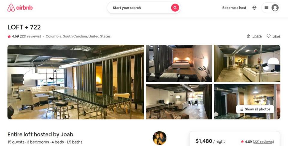 This screenshot shows an AirBnB rental in the Columbia area.