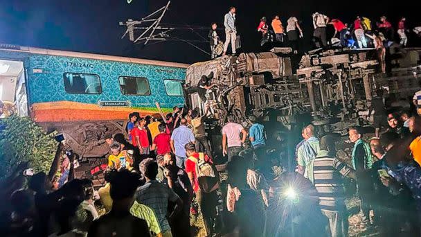 PHOTO: Rescuers work at the site of passenger trains that derailed in Balasore district, in the eastern Indian state of Orissa, June 2, 2023. (Press Trust of India via AP)