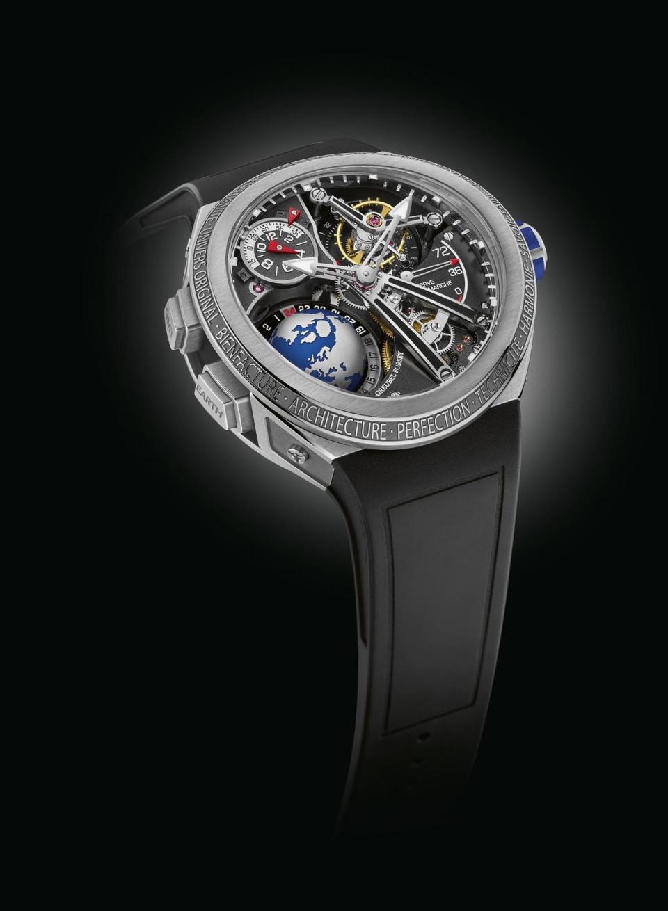 GREUBEL FORSEY第一款運動錶：GMT Sport，兼容品牌多項經典的特色與複雜結構，像是立體地球以及24秒陀飛輪。定價NT$17,600,000。