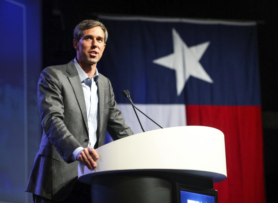 FILE - In this June 22, 2018, file photo, Beto O'Rourke, who is running for the U.S. Senate, speaks during the general session at the Texas Democratic Convention in Fort Worth, Texas. If Senate seats were decided by viral videos and fawning national media profiles, O’Rourke would win in a landslide. He’s gone viral defending NFL players’ right to protest during the national anthem and skateboarding. So far, O’Rourke has capitalized on the hype machine. His fundraising’s strong and he’s going on “Ellen.” But problems may lurk since voters sometimes punish candidates for too much ambition, especially if they’ve not won anything yet. (AP Photo/Richard W. Rodriguez, File)