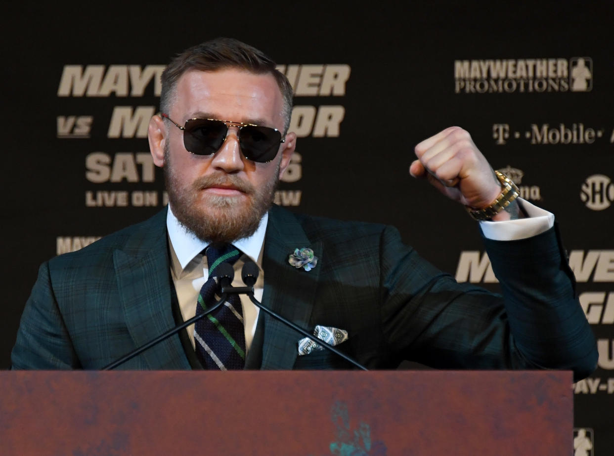 Conor McGregor during a news conference at the KA Theatre at MGM Grand Hotel & Casino