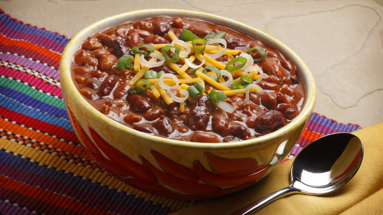 Bowl of chili with spoon