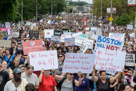 A large crowd of people gathers ahead of the Boston Free Speech Rally in Boston, Massachusetts, U.S., August 19, 2017. REUTERS/Stephanie Keith