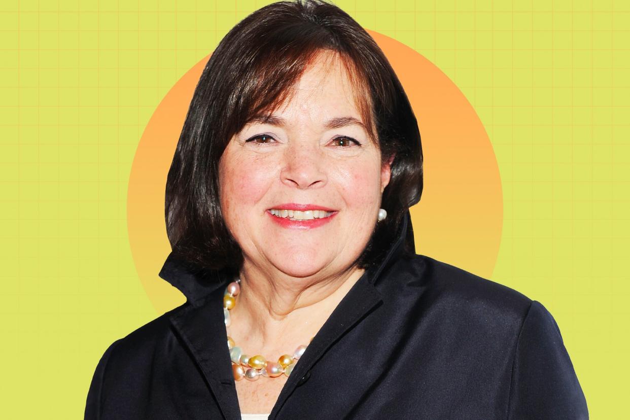 Ina Garten on a designed background