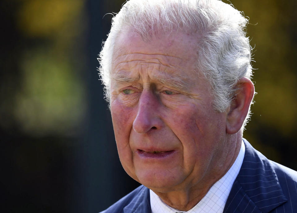 Britain's Prince Charles, with Camilla, Duchess of Cornwall, visits the gardens of Marlborough House, London