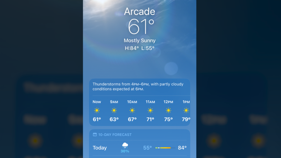 Thunderstorms are in the forecast for portions of Northern California on June 13, 2023. According to the IPhone’s weather app at around 8:30 a.m., wet weather may reach Arden Arcade.