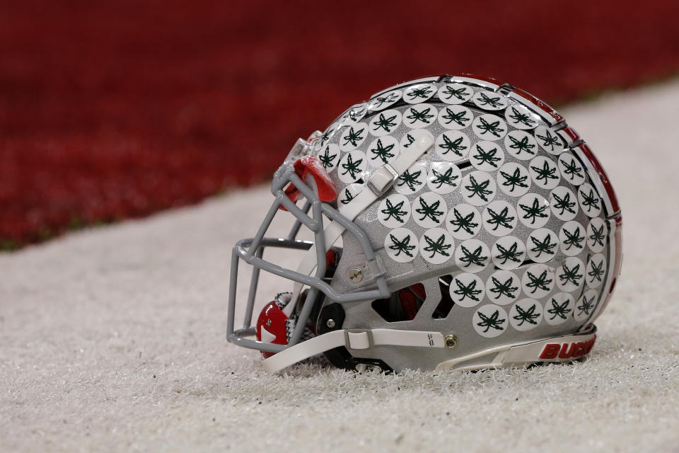 INDIANAPOLIS, IN - DECEMBER 01: A Ohio State Buckeye helmet sits on the turf prior to the Big Ten Conference Championship game between the Northwestern Wildcats and the Ohio State Buckeyes on December 01, 2018 at Lucas Oil Stadium in Indianapolis IN. (Photo by Jeffrey Brown/Icon Sportswire via Getty Images) (Photo by Jeffrey Brown/Icon Sportswire via Getty Images)