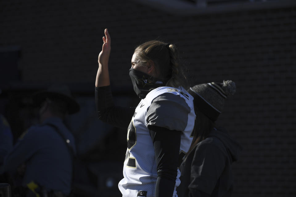 Vanderbilt place kicker Sarah Fuller warms up before the start of an NCAA college football game against Missouri Saturday, Nov. 28, 2020, in Columbia, Mo. (AP Photo/L.G. Patterson)