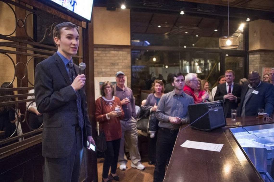 Drew Kromer, then a Davidson College junior and Democratic Party chair for precinct 206, spoke to candidates and supporters at a rally after-party for Stand Up, Davidson.