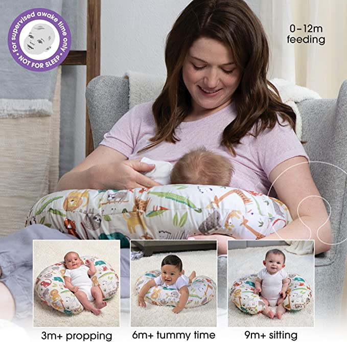 Boppy Nursing Pillow and Positioner—Original | Neutral Jungle Colours with Animals | Breastfeeding, Bottle Feeding, Baby Support | With Removable Cotton Blend Cover | Awake-Time Support. (Photo: Amazon SG)