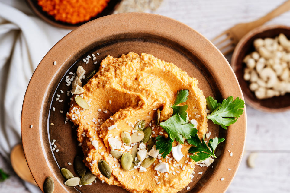 Hummus with sesame seeds.