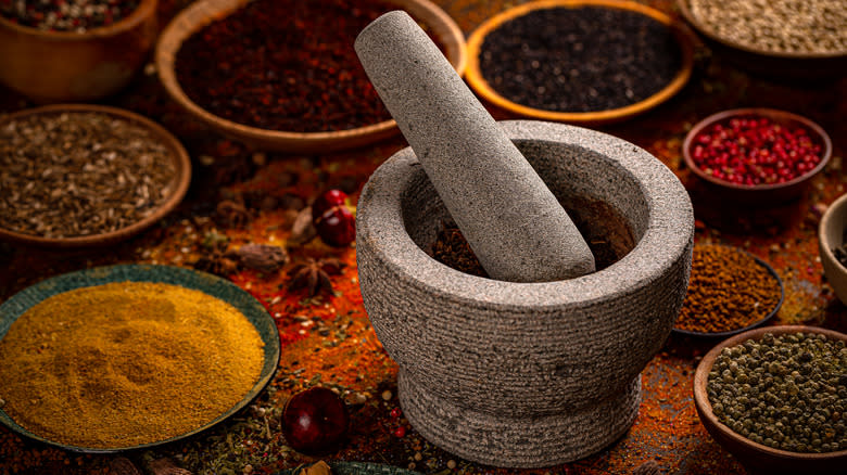 Mortar and pestle with spices