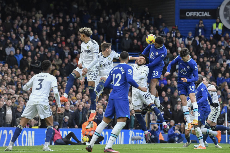 LONDON, ENGLAND - MARCH 04: Wesley Fofana of Chelsea scores the opening goal during the Premier League match between Chelsea FC and Leeds United at Stamford Bridge on March 4, 2023 in London, United Kingdom. (Photo by MB Media/Getty Images)