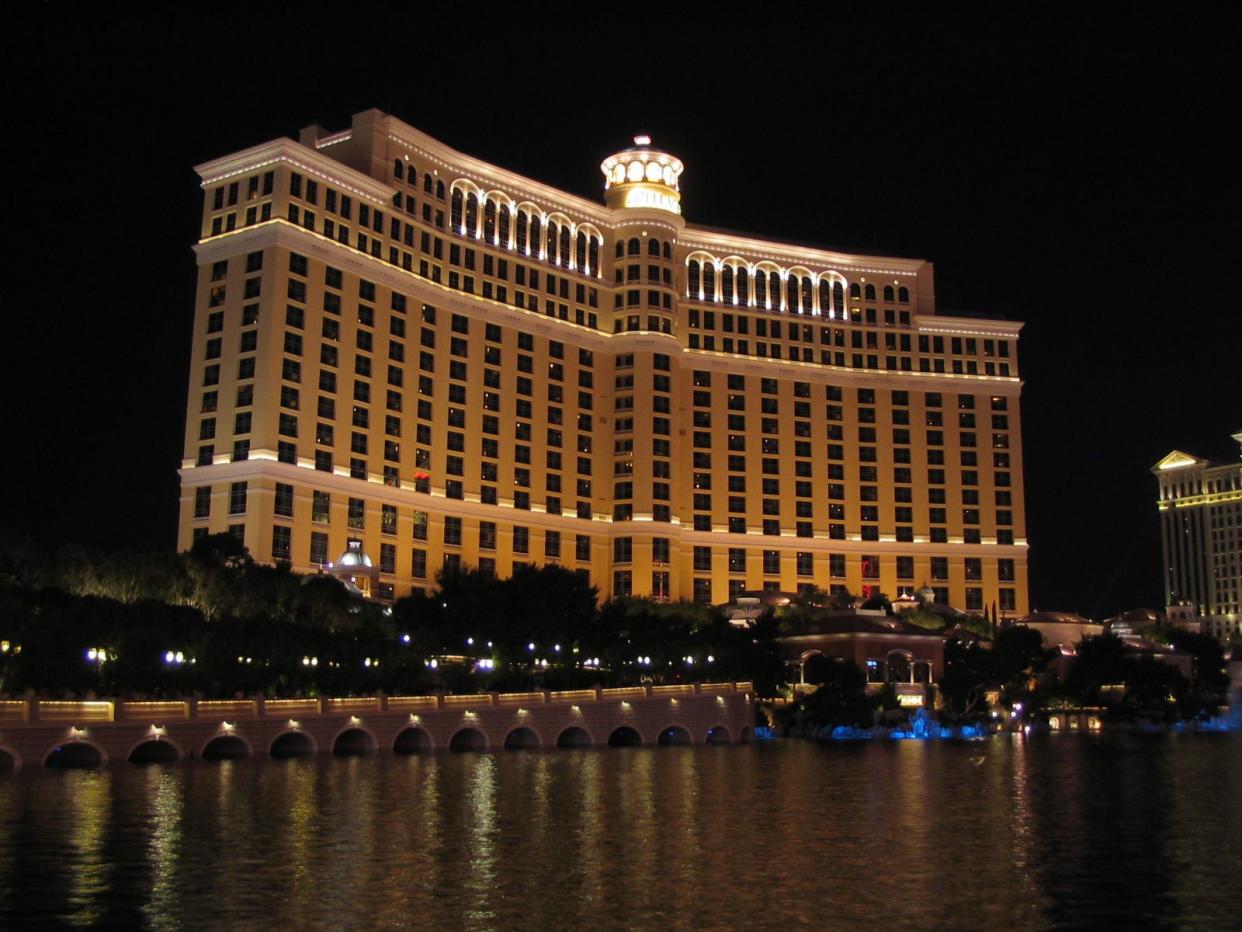 Night time shot of Bellagio Hotel and Casino.