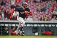 Washington Nationals' Juan Soto runs to first after hitting a single during the second inning of a baseball game Thursday, Sept. 23, 2021, in Cincinnati. (AP Photo/Jay LaPrete)