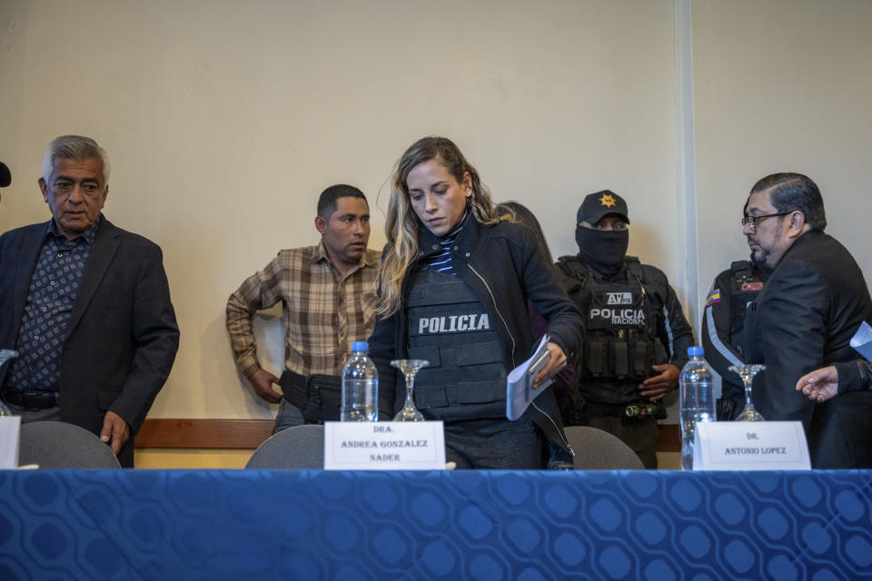 Wearing a bullet proof vest Andrea Gonzalez, the running mate of slain presidential candidate Fernando Villavicencio, arrives for a press conference in Quito, Ecuador, Thursday, Aug. 10, 2023. Villavicencio was shot and killed as he was leaving a campaign rally at a school in the Ecuadorian capital Wednesday, less than two weeks before the Aug. 20 presidential election. (AP Photo/Carlos Noriega)