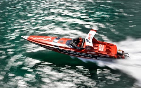 A 46ft-long powerboat built by Fabio Buzzi's company racing at the British Powerboat Festival, 2010 - Credit: David Ashdown/Hulton Archive