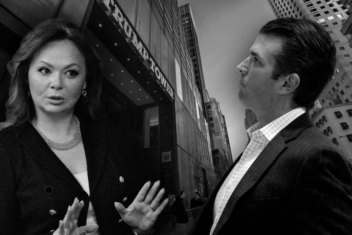 Natalia Veselnitskaya, Donald Trump Jr. (Yahoo News photo illustration, photos: Yury Martyanov/Kommersant Photo via AP, Vanessa Carvalho/Brazil Photo Press/LatinContent/Getty Images, Andrew Harnik/AP)