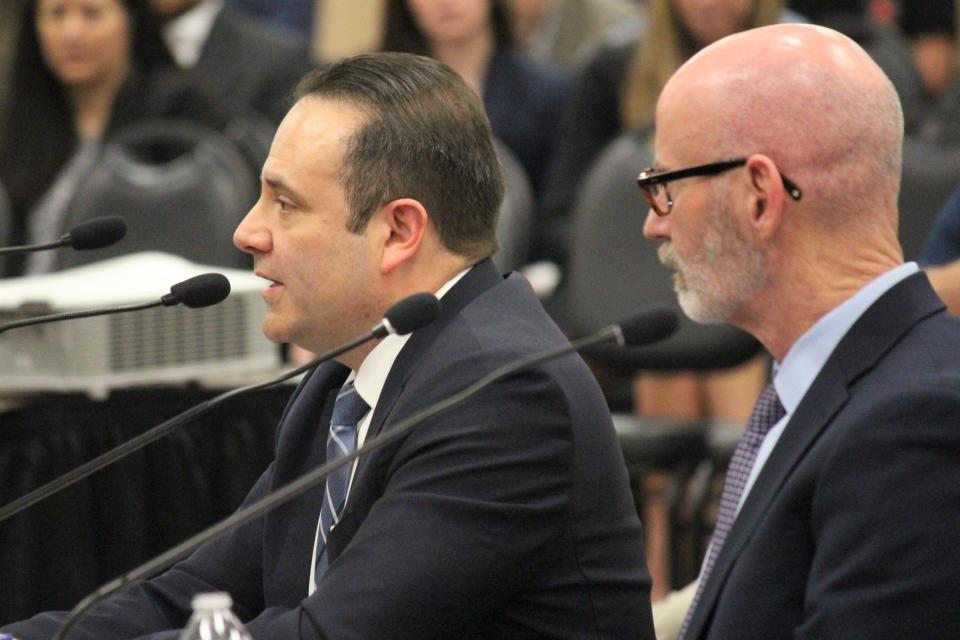 Adrian Rodriguez, president of Xcel Energy's Texas-New Mexico subsidiary, testifies before the Texas House Investigative Committee on the Panhandle Wildfires Thursday in Pampa.