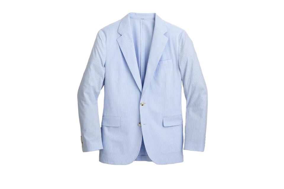 J.Crew “Ludlow” slim-fit unstructured suit jacket in blue seersucker