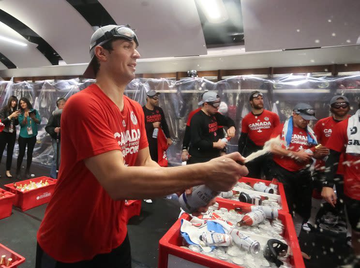 Carey Price #31 of Team Canada celebrates in the locker room during Game Two of the World Cup of Hockey final series. (Andre Ringuette/Getty Images)