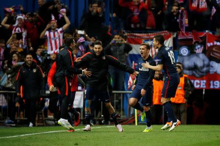 Football Soccer - Atletico Madrid v FC Barcelona - UEFA Champions League Quarter Final Second Leg - Vicente Calderon Stadium - 13/4/16 Atletico's Antoine Griezmann celebrates scoring their second goal Reuters / Sergio Perez Livepic