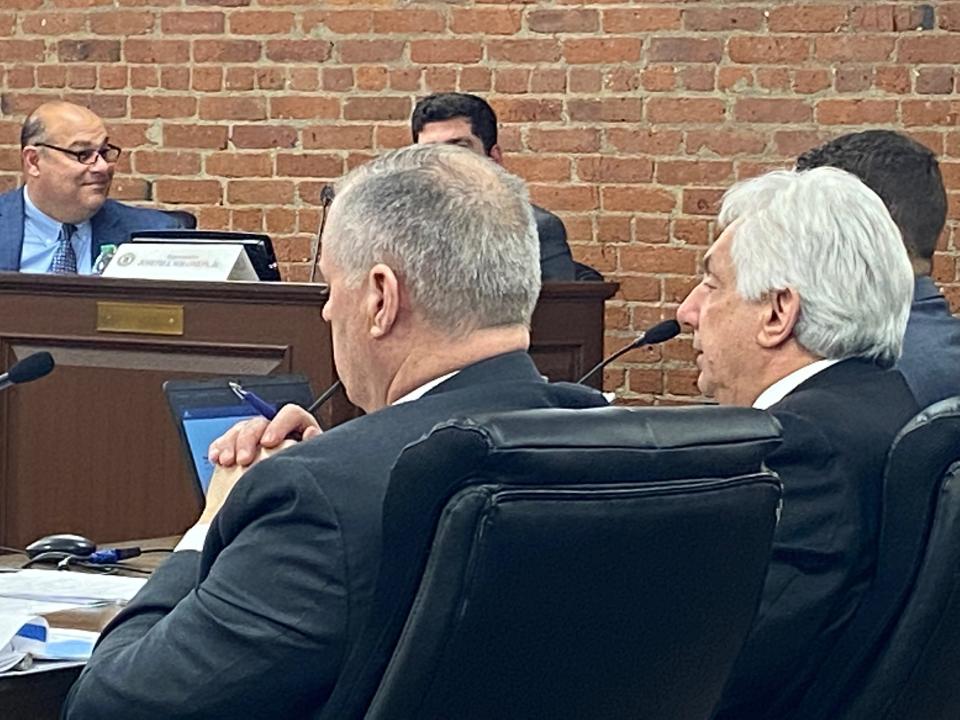 State Department of Transportation Director Peter Alviti Jr., right, appears before a legislative oversight committee Feb. 12 to answer questions about the shutdown of the Washington Bridge.