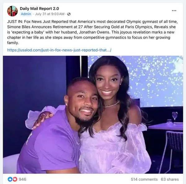 An online rumor claimed Fox News reported Simone Biles announced her retirement and a pregnancy, leading users to search for her name with the words retired, pregnant and baby.