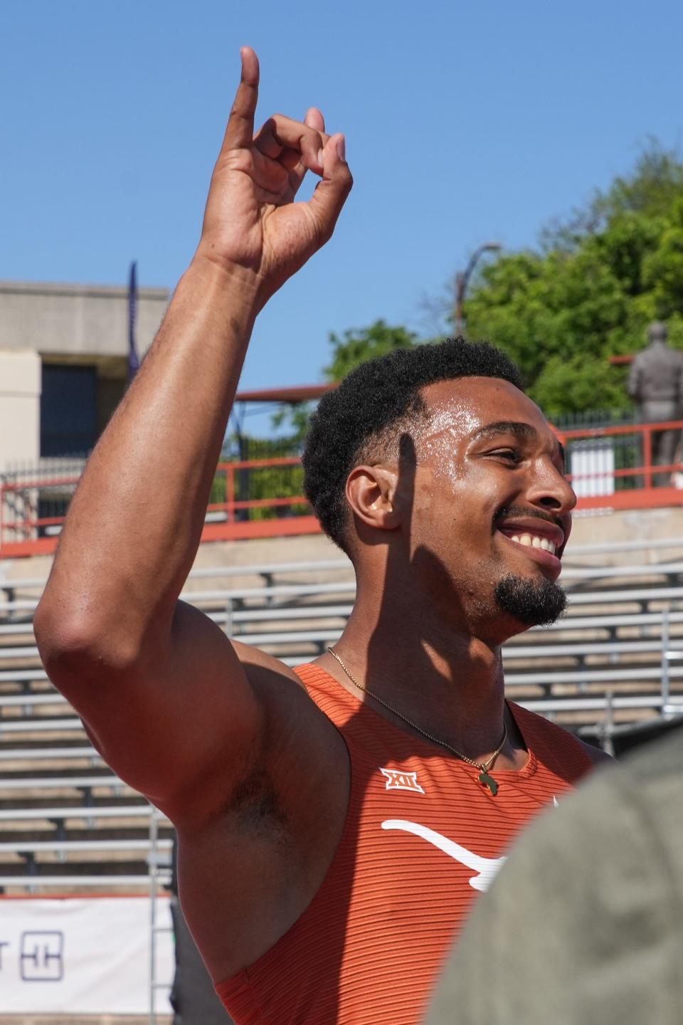 The Longhorns' Leo Neugebauer celebrates after winning the Texas Relays decathlon Thursday at Myers Stadium. After the NCAA Outdoor Championships, he hopes to represent Germany at the Summer Olympics in Paris.