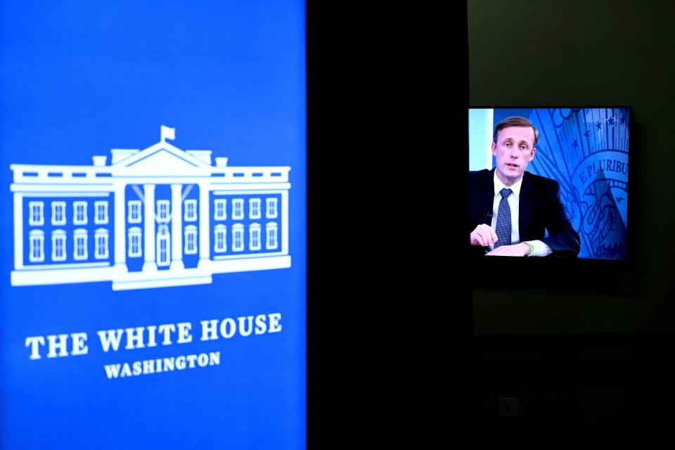 US National Security Adviser Jake Sullivan is seen on a monitor while speaking during a virtual meeting with US President Joe Biden, CEOs, and labor leaders, not pictured, regarding the Chips Act, in the South Court Auditorium of the Eisenhower Executive Office Building, next to the White House, in Washington, DC, on July 25, 2022. (Photo by Brendan SMIALOWSKI / AFP) (Photo by BRENDAN SMIALOWSKI/AFP via Getty Images)