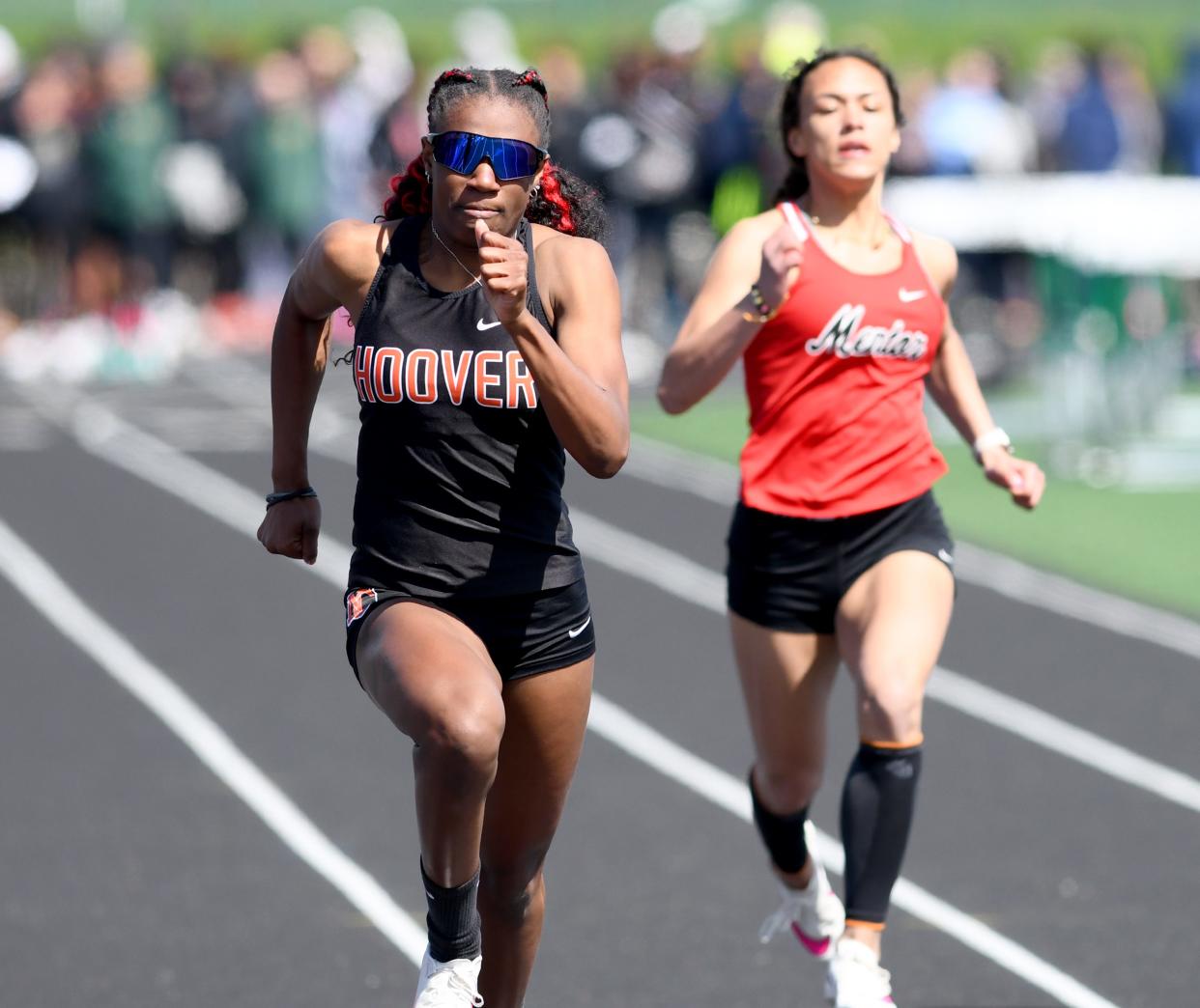 Hoover's Amahrie Harsh runs the girls 100-meter dash at Saturday's GlenOak Second Sole Eagle Elite.