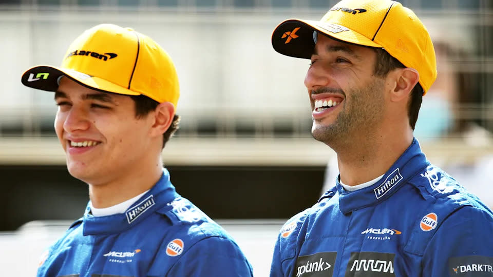 Seen here, McLaren teammates Lando Norris and Daniel Ricciardo pose for photos.