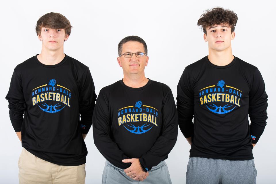 Kennard-Dale basketball head coach Andrew Stiffler poses for a photo with junior Dylan Logue and senior Levi Sharnetzka during YAIAA winter sports media days Wednesday, November 8, 2023, in York.