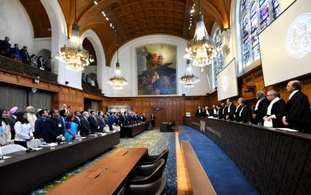 Judges are seen at the International Court of Justice before the issue of a verdict in the case of Indian national Kulbhushan Jadhav in The Hague