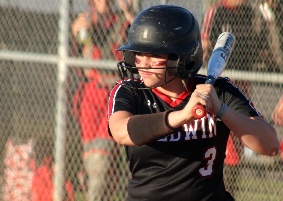 Baldwin's Madison Crews takes a practice swing before an at-bat against Paxon during Thursday's softball game. The seventh-grader has four doubles in her last five games.