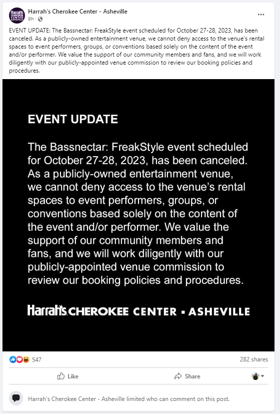 The 11 p.m., Aug. 30, 2023 Facebook post announcing the cancellation of a Bassnectar show at Asheville's Harrah's Cherokee Center.